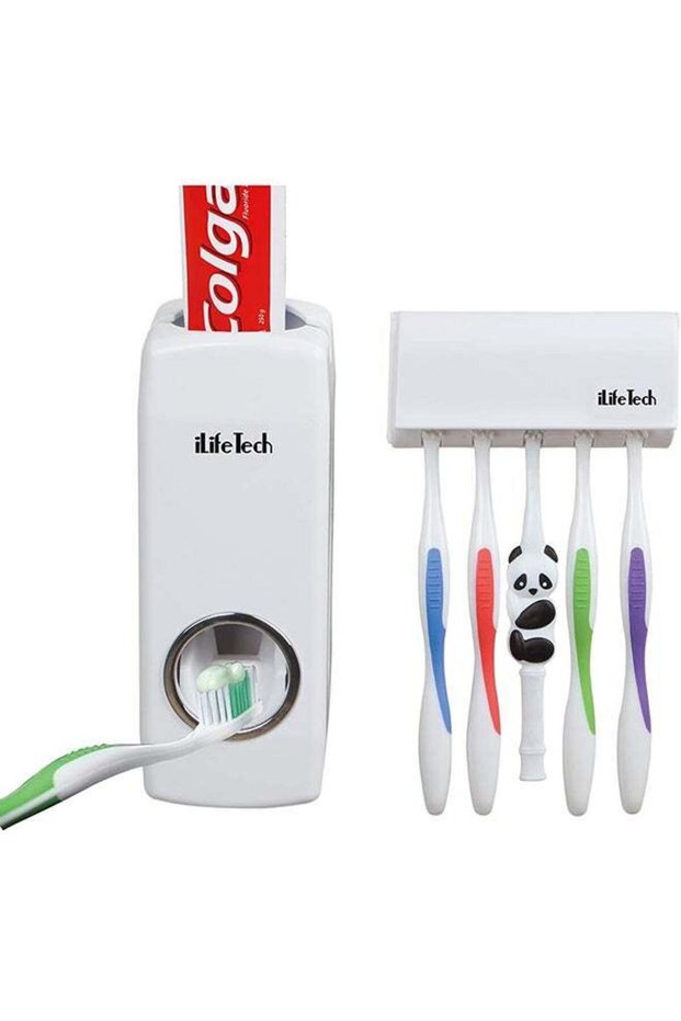 Toothpaste Dispenser And Plastic Brush Holder Set White
