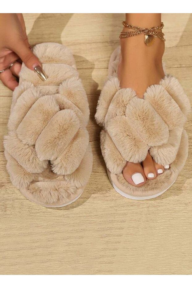 Non-slip Cross Band Slippers for Women's, Comfort Warm Plush Slippers, Open Toe Home Slippers, Soft