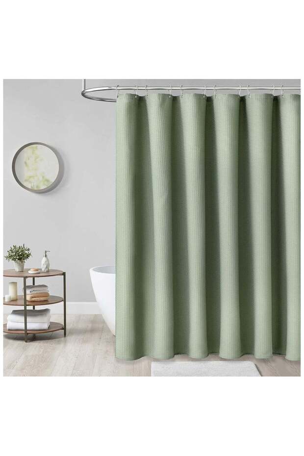 Sage Green Shower Curtain, Waffle Textured Heavy Duty Fabric Shower Curtains with 12 Plastic Hooks,