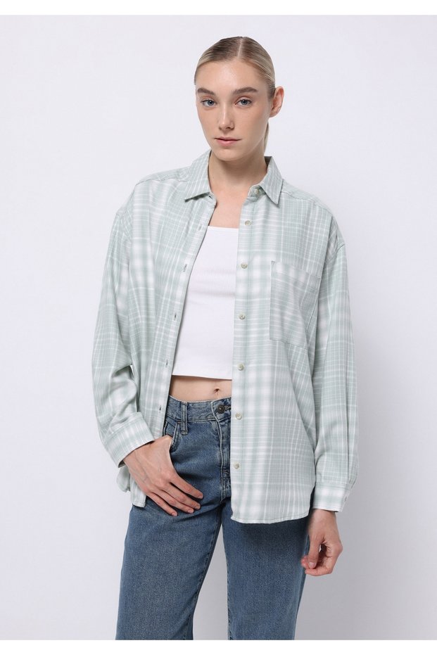 Relax Fit Shirt Neck Plaid Women's Green Long Sleeve Shirt