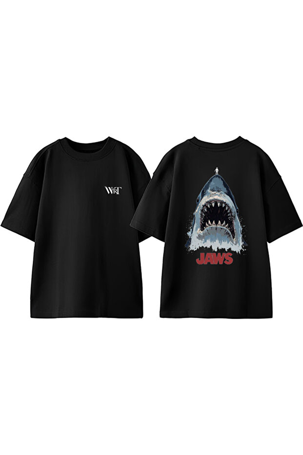تي شيرت قطني أسود كبير الحجم مطبوع عليه تصميم Jaws 2 على الظهر