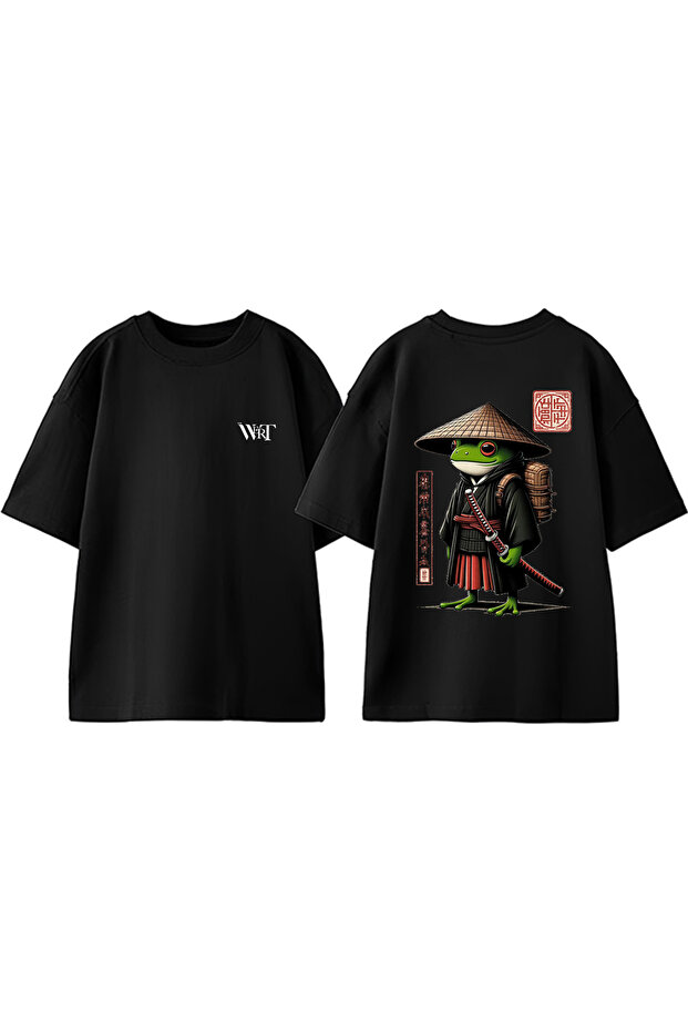 A Frog and His Son 1 Design Back Printed Cotton Black Oversize T-Shirt
