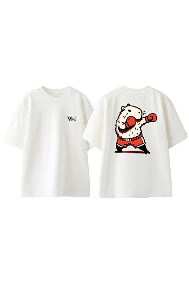 Boxing Mouse Design Back Printed Cotton White Oversize T-Shirt
