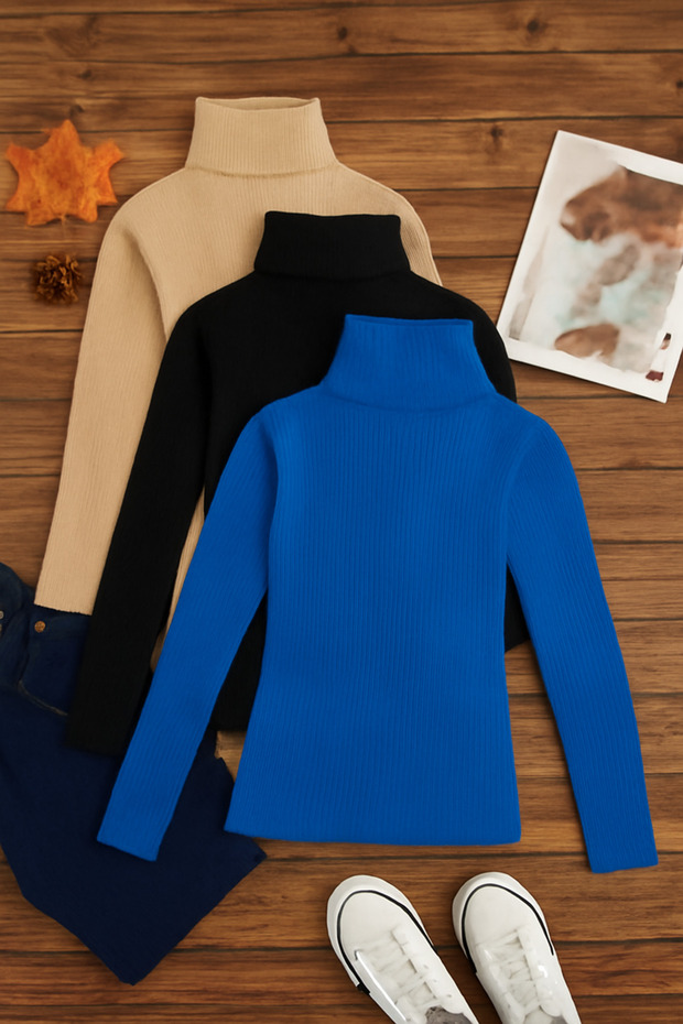 Pack of 3 Women's Basic Full Turtleneck Sweaters