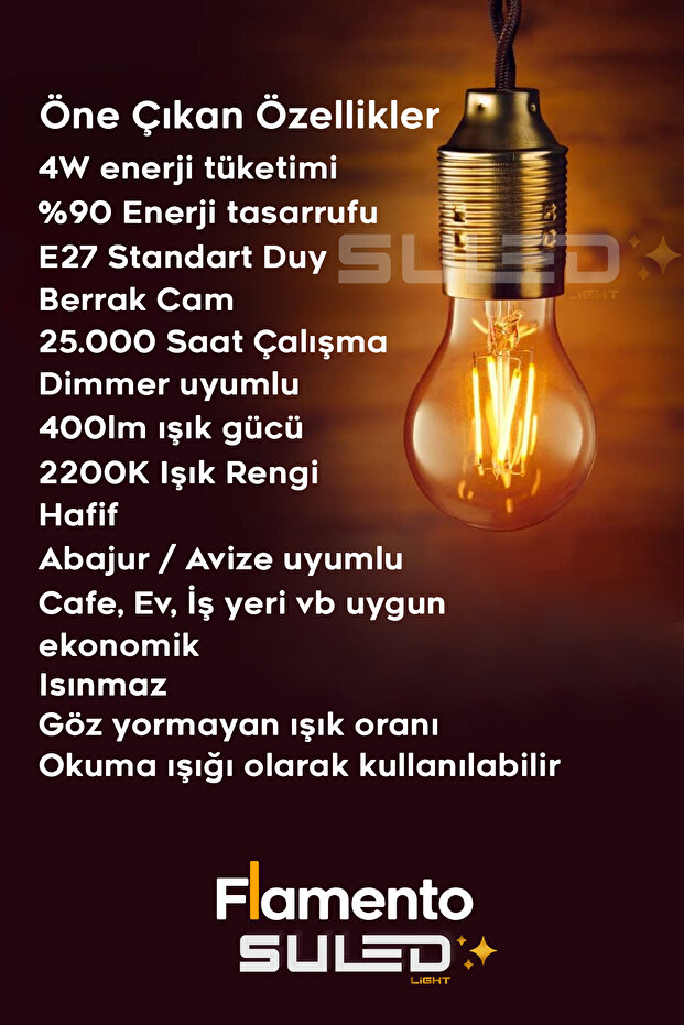 Flamento Rustik Ampül E27 Duy 220V Dimmer Uyumlu %90 Tasarruflu Ev Cafe Aplik Abajur Tavan Ampül - 2