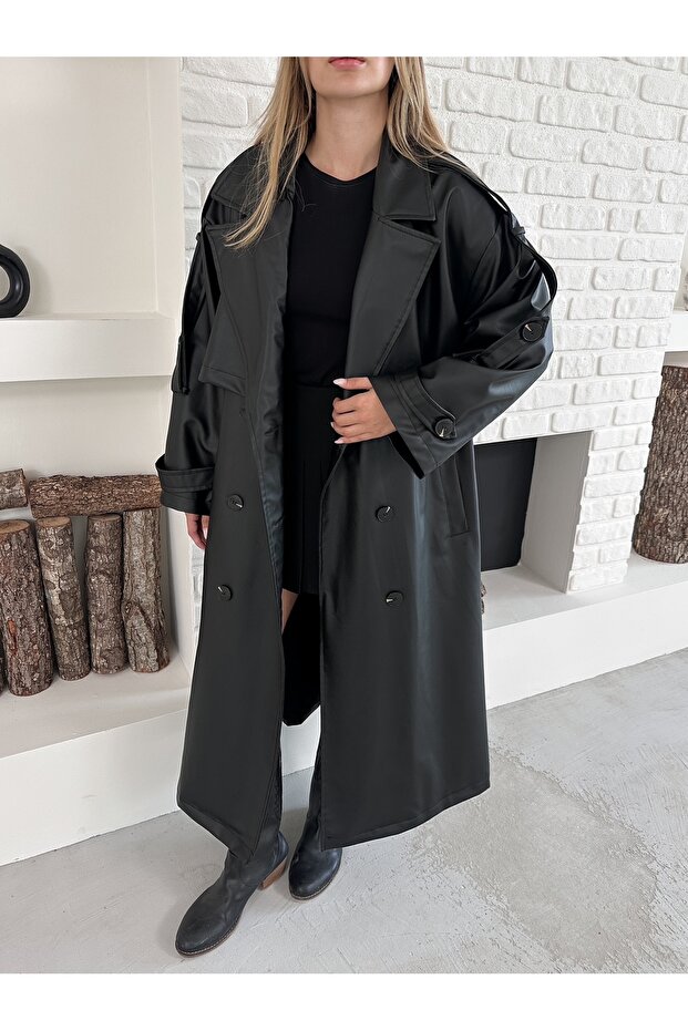 معطف جلدي طويل مبطن بحزام وأزرار - 1