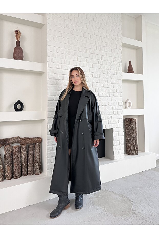 معطف جلدي طويل مبطن بحزام وأزرار - 6