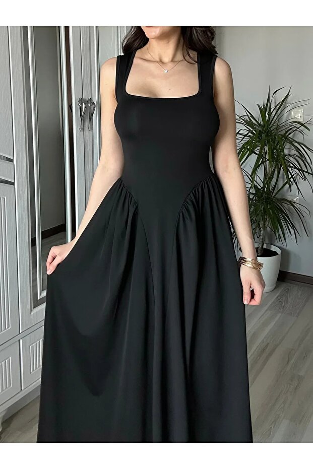 Kadın Kare Yaka Kalın Askılı Elbise - 2