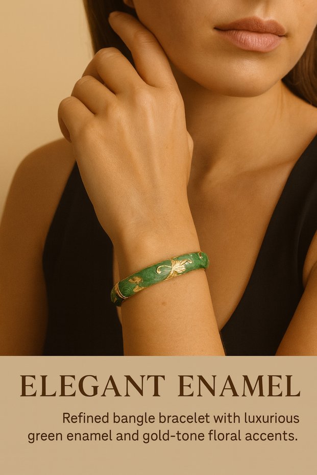 Elegant Women's Bracelet with Gold Flower Pattern on Green Enamel Vintage Special Design