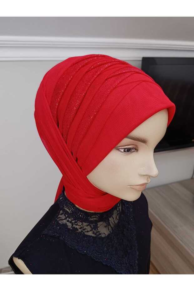 طرحة جاهزة من نوع وشاح أحمر فاتح مع لمسة من اللمعان، وشال جاهز، وعمامة جاهزة