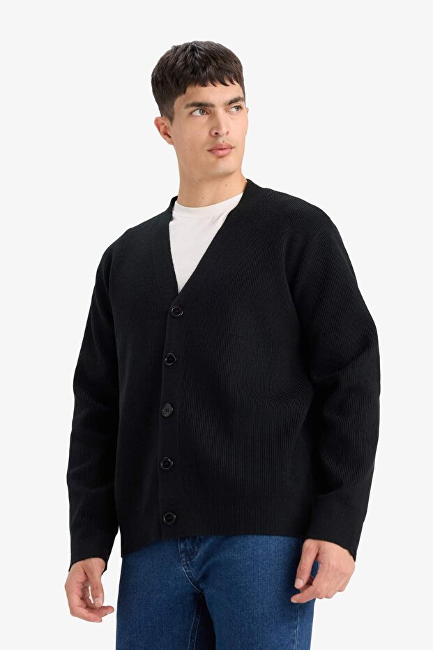 Relax Fit V Yaka Düğmeli Triko Hırka F2700AX25WN - 4