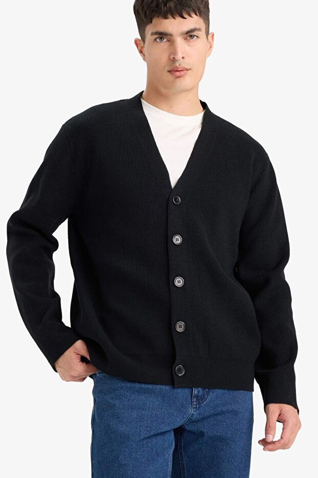 Relax Fit V Yaka Düğmeli Triko Hırka F2700AX25WN - 1