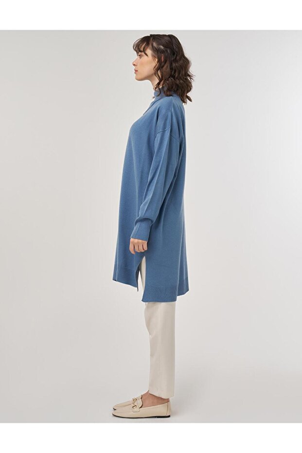 Devrik Yaka Triko Tunik Taç Mavisi - 3