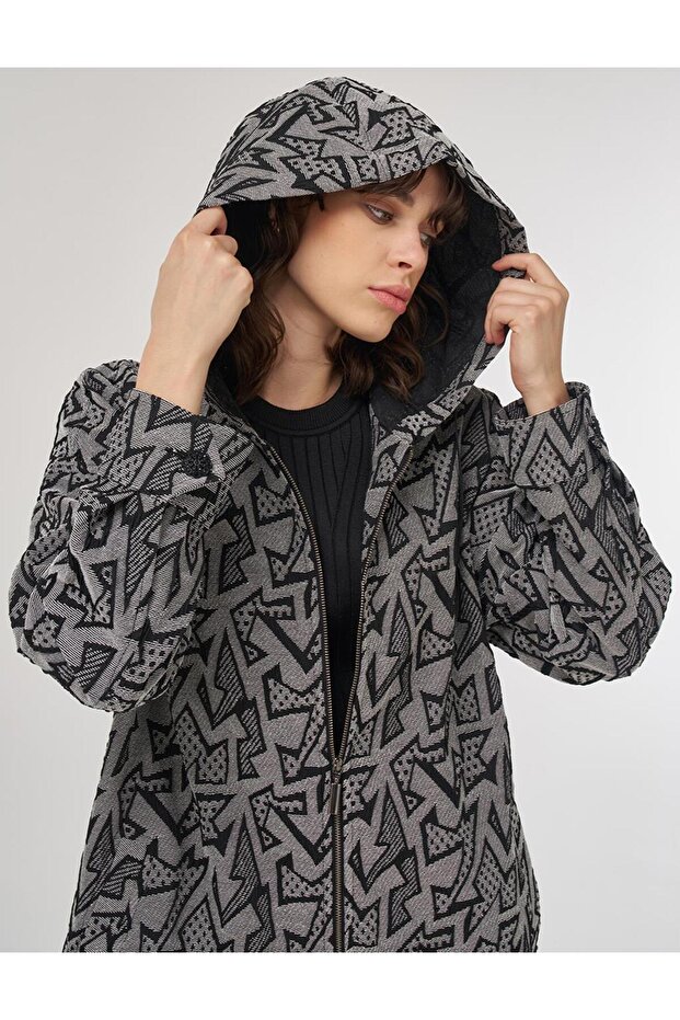 Abstract Pattern Hooded Detailed Jacket Black - 6
