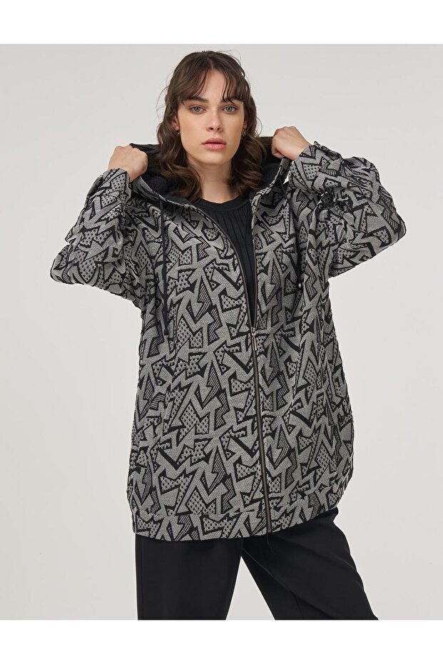 Abstract Pattern Hooded Detailed Jacket Black - 5