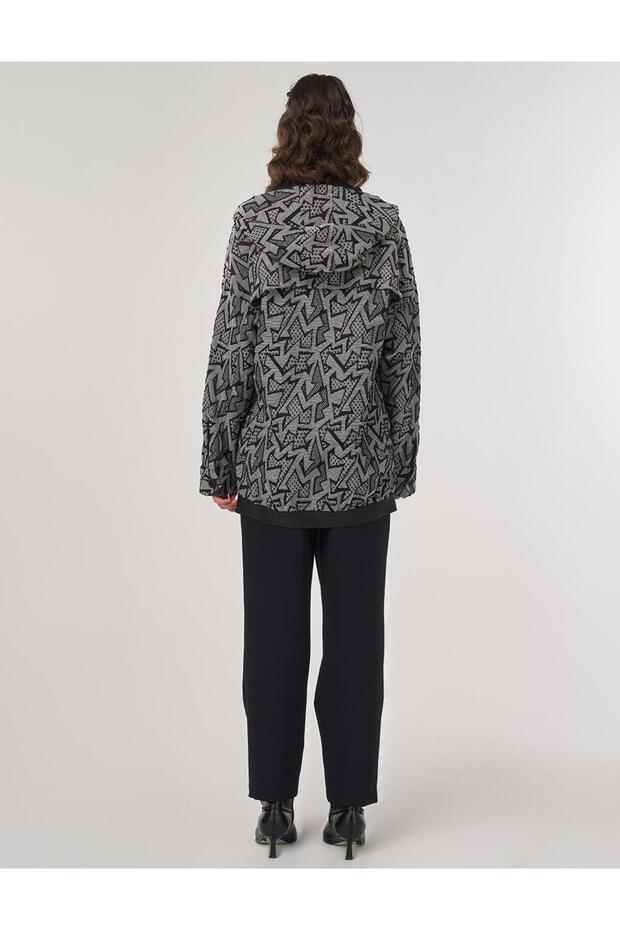 Abstract Pattern Hooded Detailed Jacket Black - 4