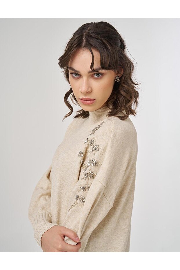 Omzu İşlemeli Triko Tunik Taş - 7