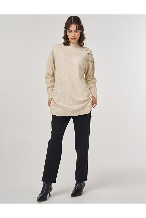 Omzu İşlemeli Triko Tunik Taş - 2