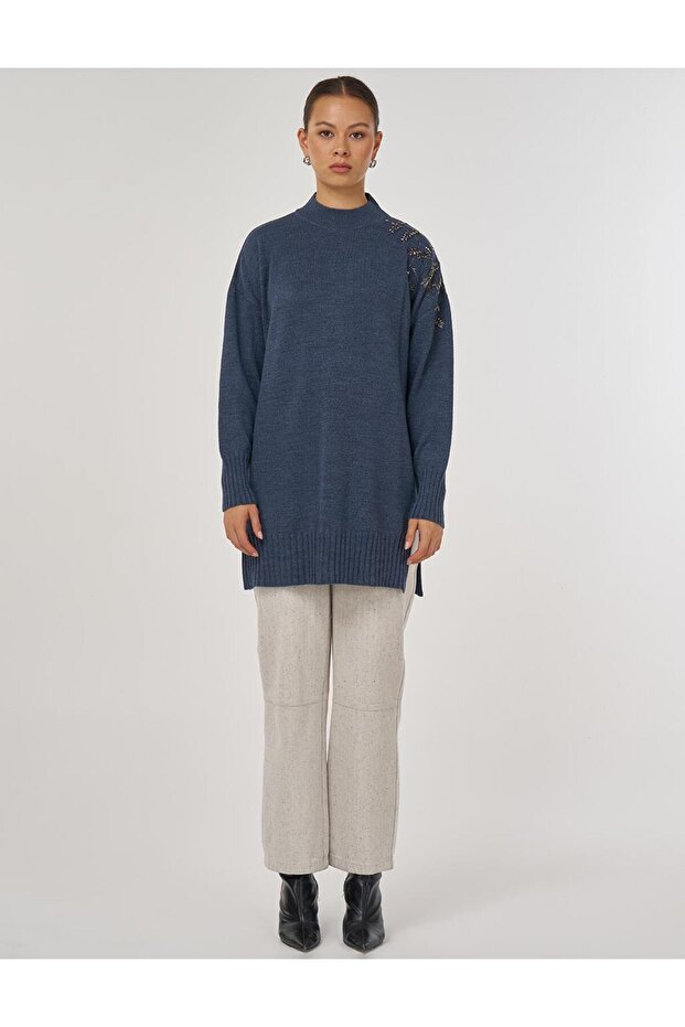 Omzu İşlemeli Triko Tunik İndigo - 3