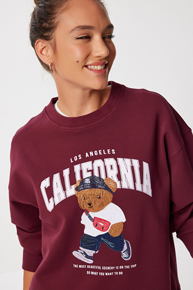 Teddy Bear Embroidered Printed Oversized Knitted Sweatshirt Lmc0074 Burgundy