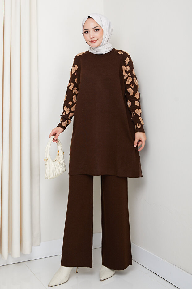 Hijab Leopard Silvery Sleeve Patterned Tunic Set with Pants