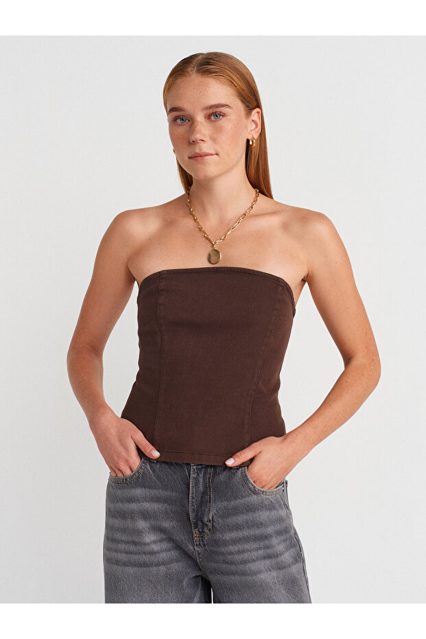 50880 Στράπλες Πεπλού Τόπο-Καφέ - 1