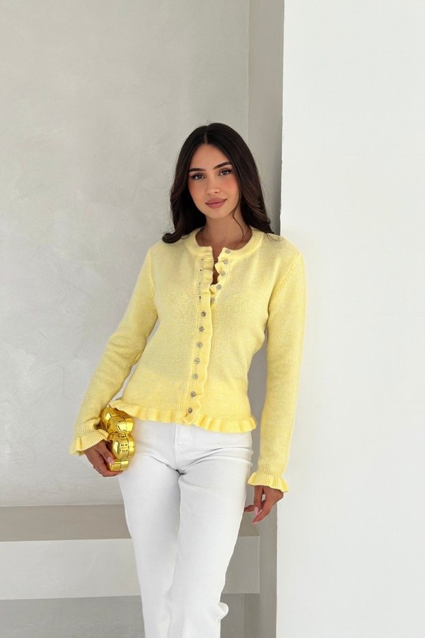 Ruffled Crew Neck Soft Textured Knitwear Cardigan Aw25Hi0009