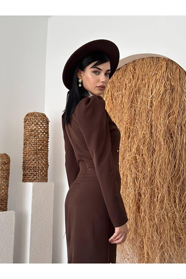 Perlina İnci Boncuk Detay Gömlek Yaka Uzun Elbise - 5