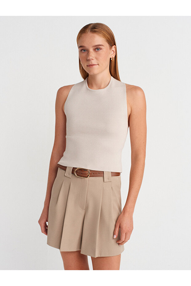 71663 Normal Bel Pili Detaylı Şort-Bej - 4