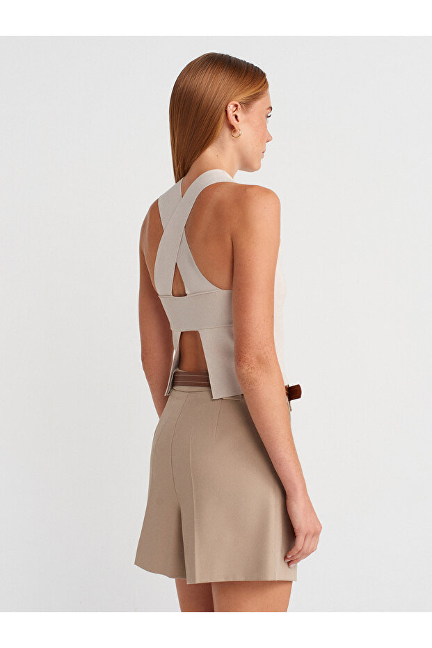 71663 Normal Bel Pili Detaylı Şort-Bej - 2