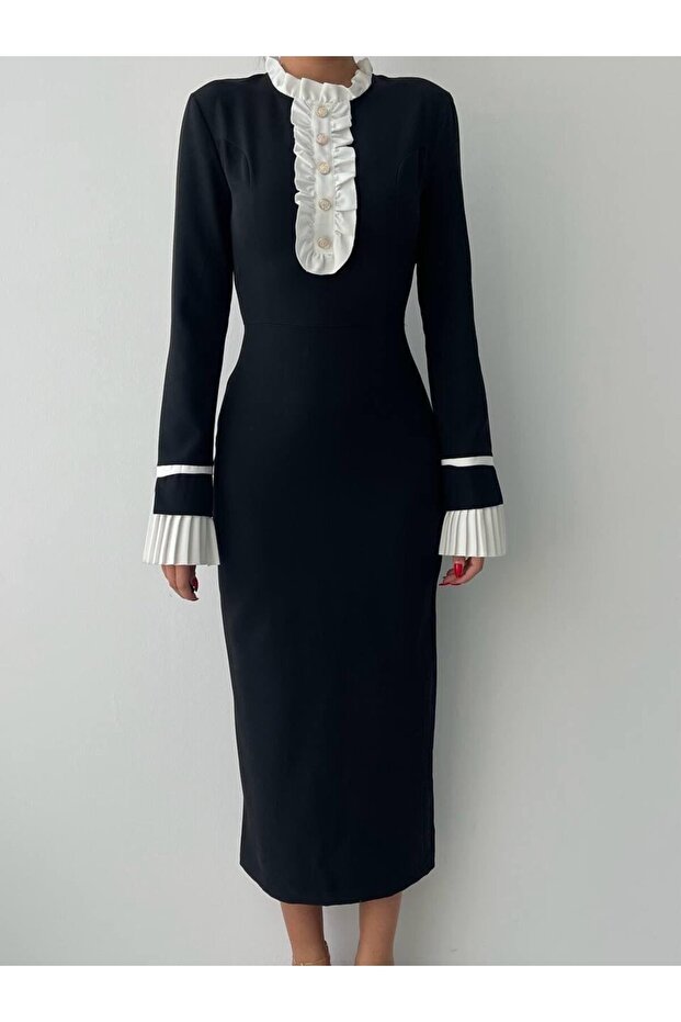 Ruby Fırfır Detay Manşet Kol Midi Elbise - 4