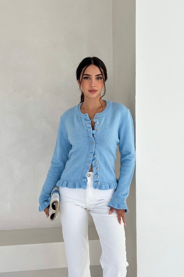 Ruffled Crew Neck Soft Textured Knitwear Cardigan Aw25Hi0009