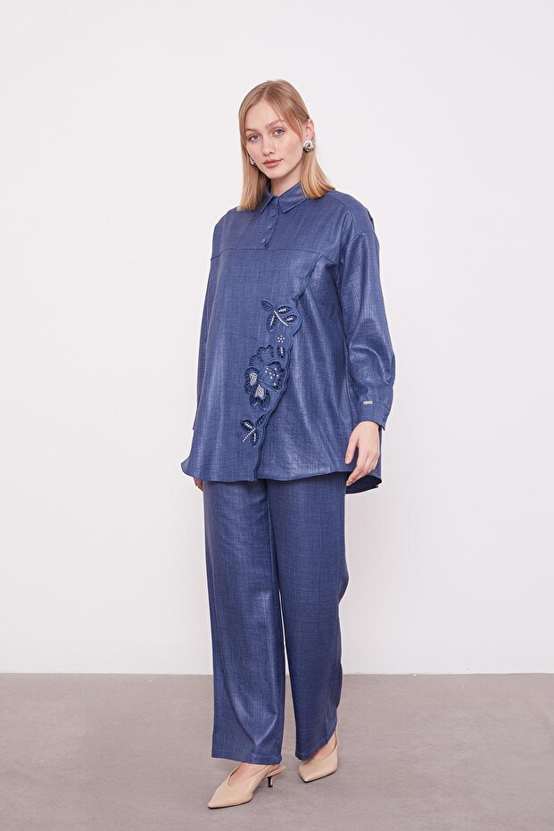 Indigo Embroidery Rose Detailed Tunic Set - 1