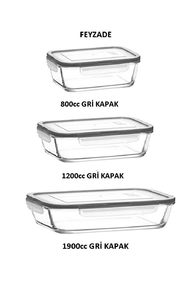 مجموعة حاويات تخزين FEYZADE FRESCO مع أغطية رمادية، مجموعة من 3 قطع (1900cc-1200cc-800cc) - 1