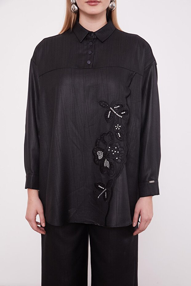 Black Embroidered Rose Detailed Tunic Set - 6