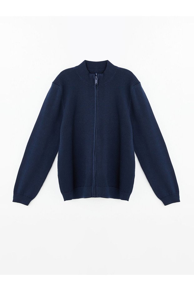 New Season Stand Collar Textured Boys' Knitwear Cardigan