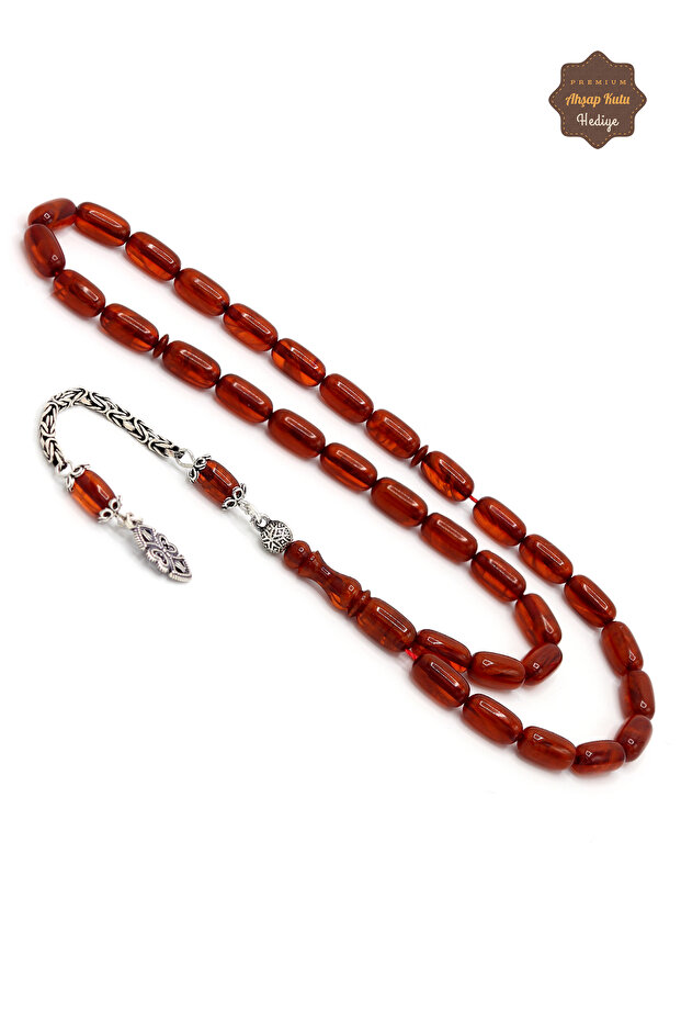 Maroon Brown Capsule Cut Accelerated Silver Tassel Clasp Amber Prayer Beads 201024521