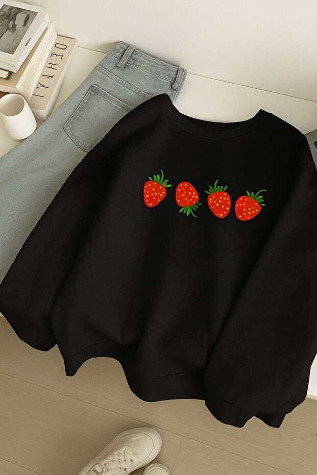 3-Ply Combed Cotton Strawberry Printed Unisex Sweatshirt
