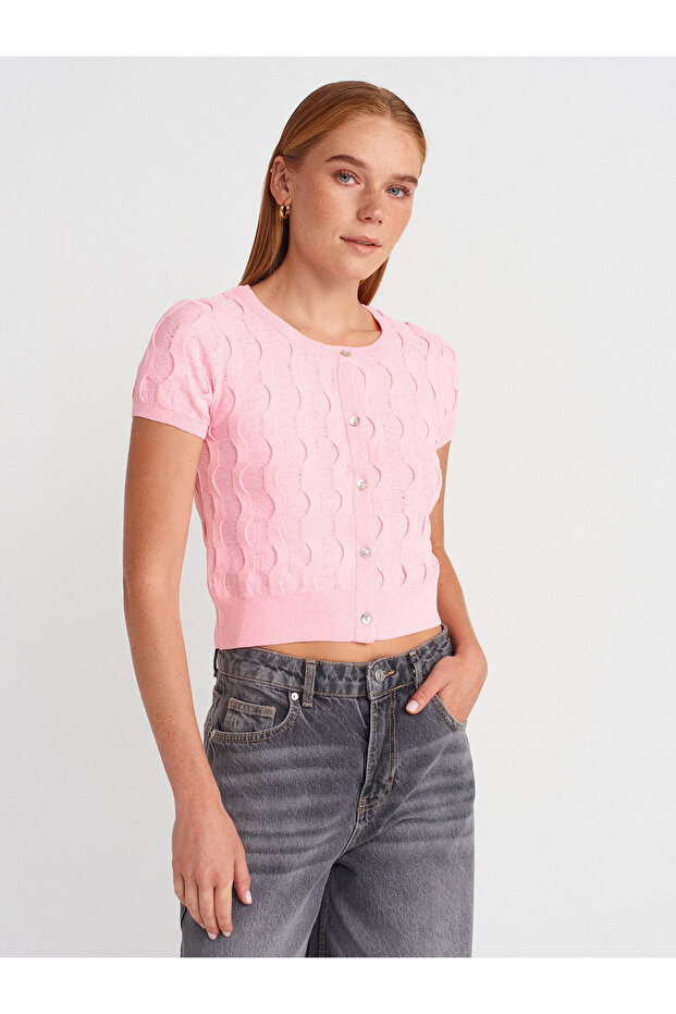 60980 Crew Neck Textured Knitwear Cardigan-Pink
