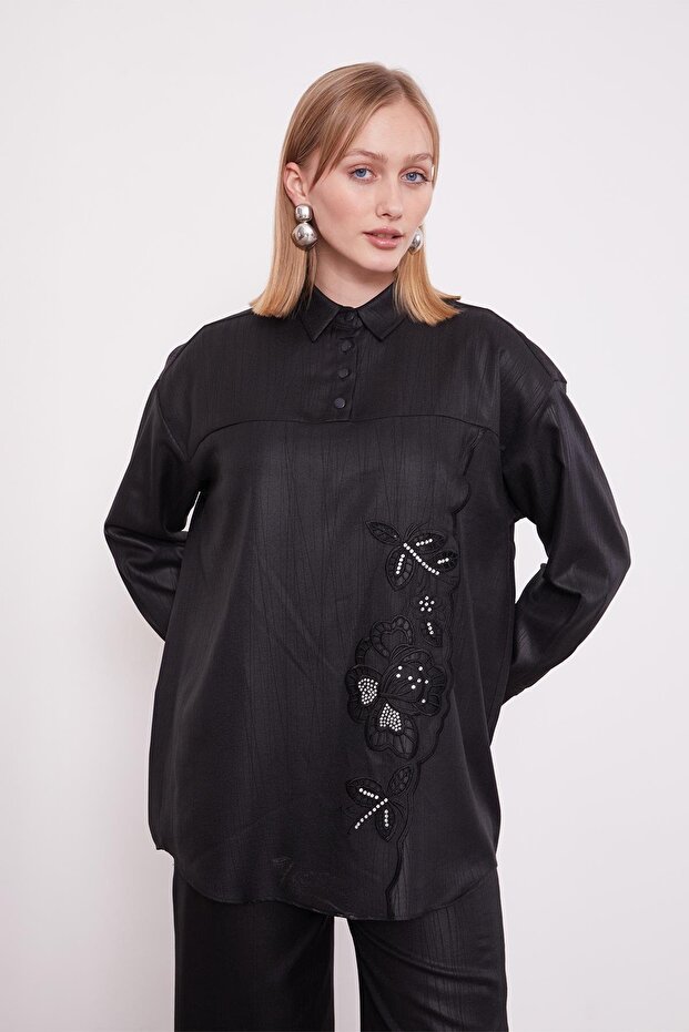 Black Embroidered Rose Detailed Tunic Set - 5