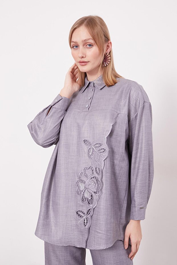 Anthracite Embroidered Rose Detailed Tunic Set - 5