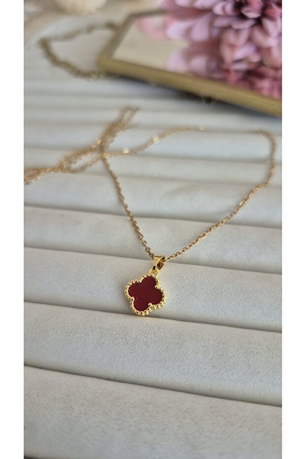 ÇELİK MİNİMAL BORDO CLEEF KOLYE - 1