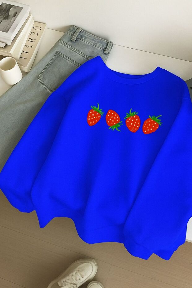 3-Ply Combed Cotton Strawberry Printed Unisex Sweatshirt