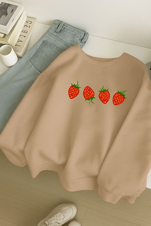 3-Ply Combed Cotton Strawberry Printed Unisex Sweatshirt