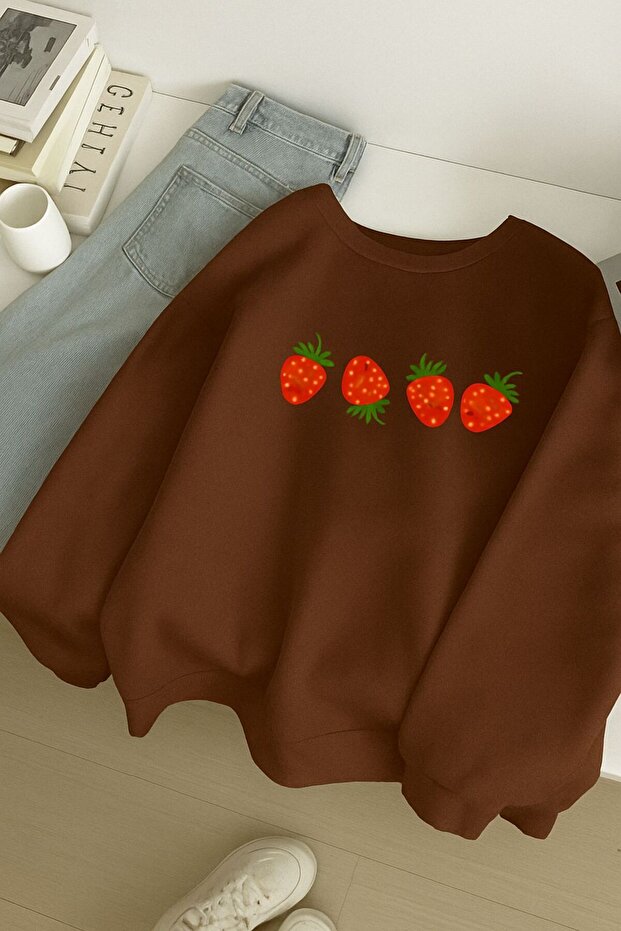 3-Ply Combed Cotton Strawberry Printed Unisex Sweatshirt