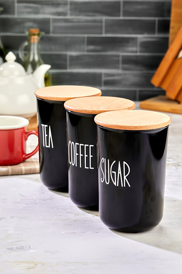 Set of 3 Acrylic (Plastic) Tea/Sugar/Coffee Jars with Wooden Vacuum Lids and Transfer Labels, 900ml