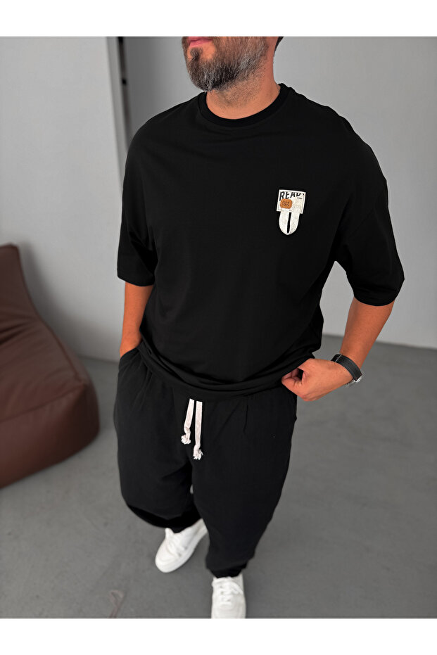 Siyah Ready İpli Patchli Oversize T-Shirt BY-084 - 2