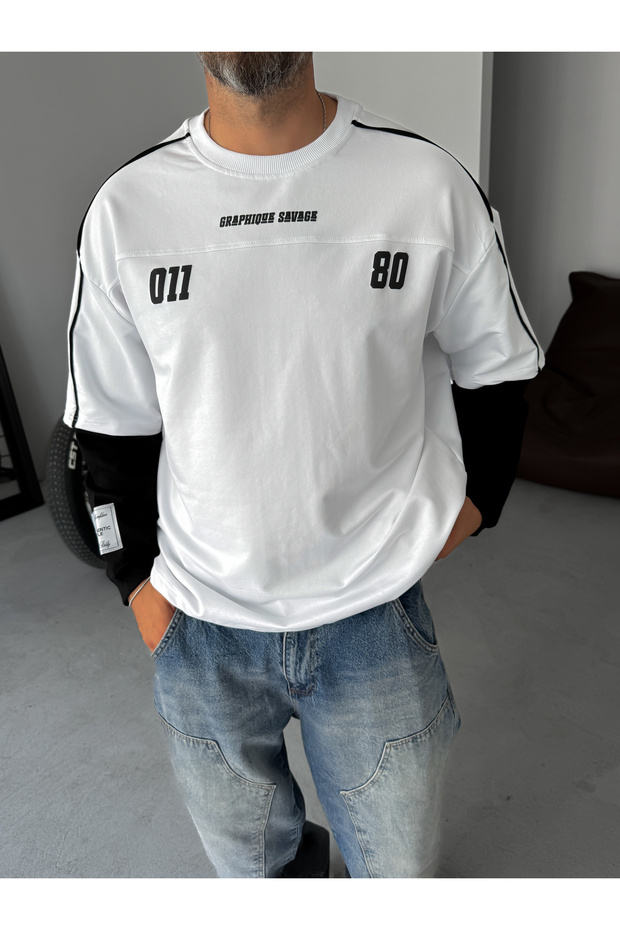 Beyaz Graphique Embossed Patchwork Sweatshirt Jj-106 - 4