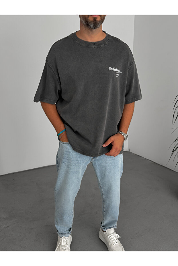 Siyah CS Baskılı Yıkamalı T-Shirt C-033 - 2