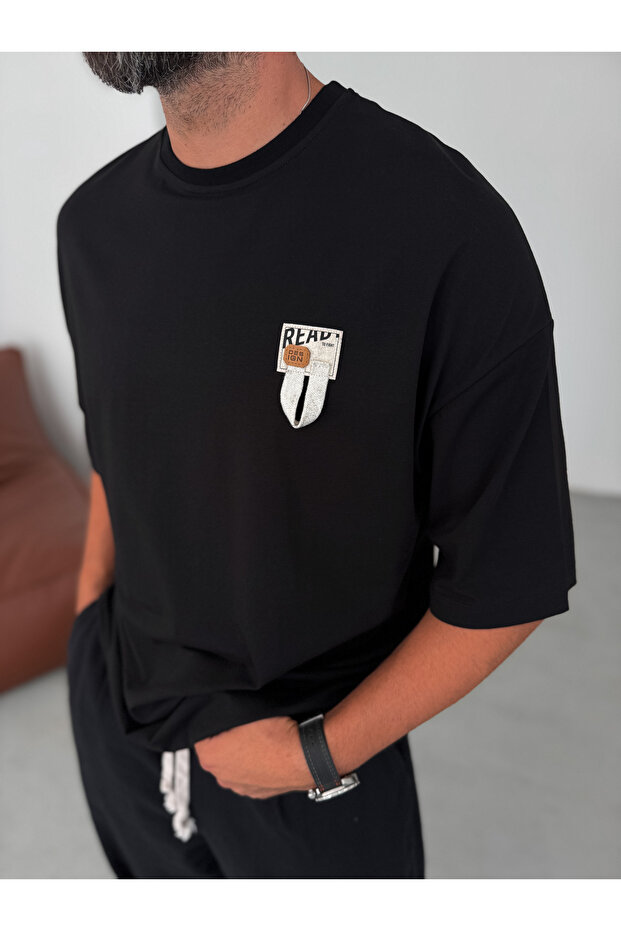 Siyah Ready İpli Patchli Oversize T-Shirt BY-084 - 3